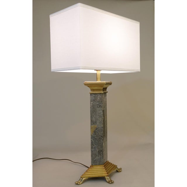 Chapman Manufacturing Company Chapman Egyptian Art Deco Revival Tesselatted Marble Column Bronze Table Lamp 1980's For Sale - Image 4 of 13