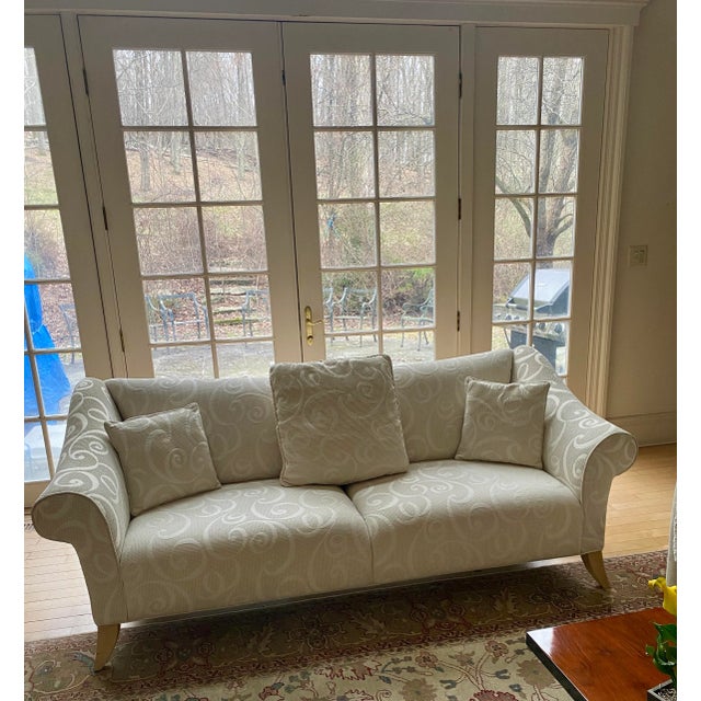 Contemporary White Fabric Sofa With Swirl Pattern, Blond Wood Curved Legs For Sale In New York - Image 6 of 8