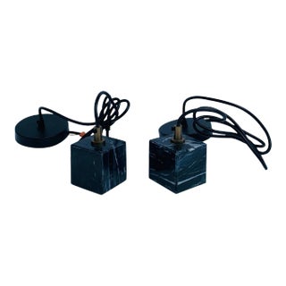 Black Marble & Brass Pendant Lights - a Pair For Sale