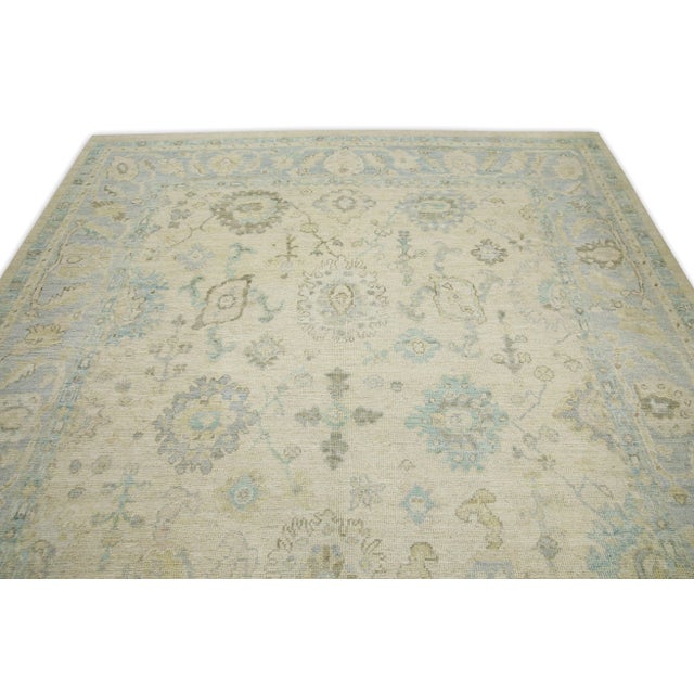 Early 21st Century Cream & Blue Floral Design Handwoven Wool Turkish Oushak Rug 8'2" X 10'3" For Sale - Image 4 of 8