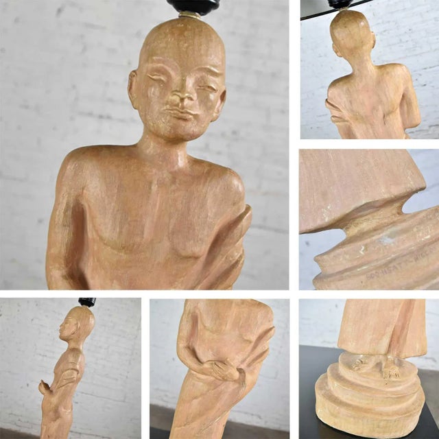 Vintage Hollywood Regency Asian Figural Lamps Style of James Mont W/ Black Tapered Shades - a Pair For Sale - Image 9 of 13