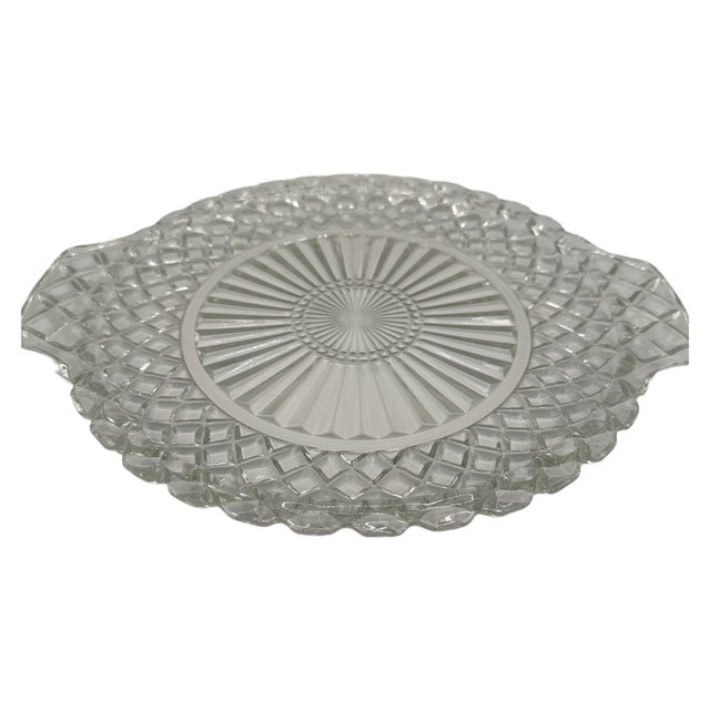 Vintage Clear Pressed Glass Cake Plate With Handles in 'Waterford' Pattern by Anchor Hocking For Sale - Image 9 of 12