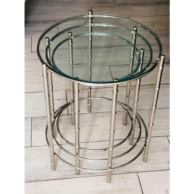 French French Jacques Adnet Style Faux Bamboo Round Nesting Tables - Set of 3 For Sale - Image 3 of 9