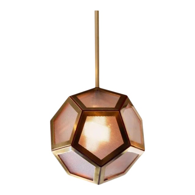 Geometric Brass, Tan Leather and Glass 'Pentagone' Lantern by Design Frères For Sale
