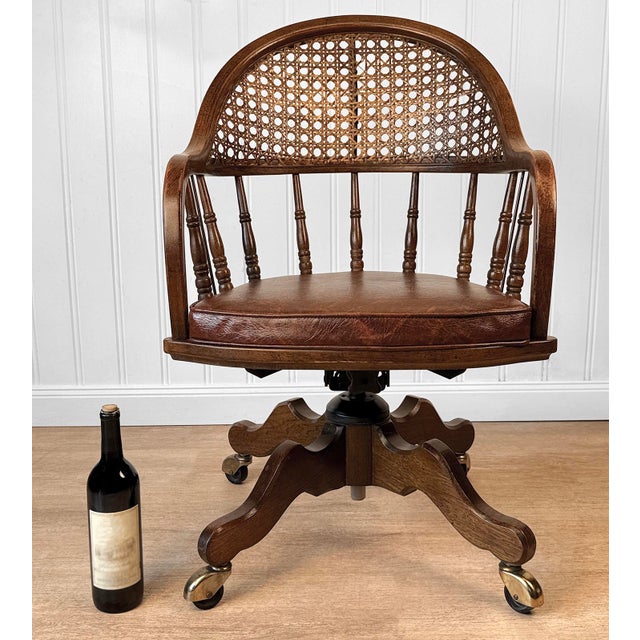 - Original 1960's Traditional Bankers Swivel Chair - Solid Mahogany Construction with a Peppered Satin Finish - Curved...