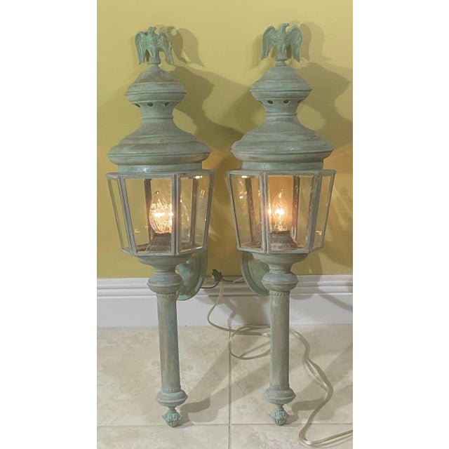 1960s Magnificent Pair of Vintage Solid Brass Eagle-Topped Wall Lanterns For Sale - Image 5 of 17