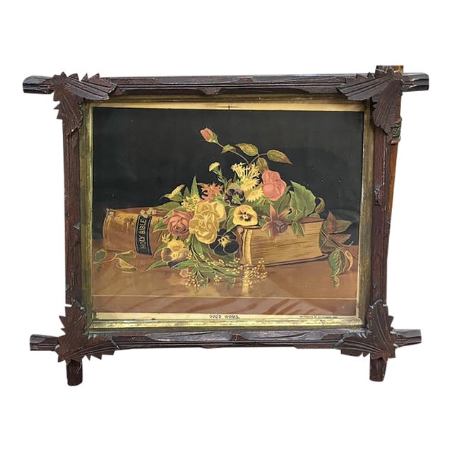 Antique American Wood Criss Cross Frame With Antique Floral Print, Americana, Folk Art For Sale