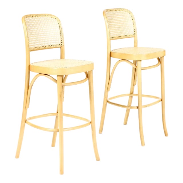 Mid Century Vintage Attributed to Thonet Prague #811 Bar Stools — Bentwood + Cane — Pair For Sale