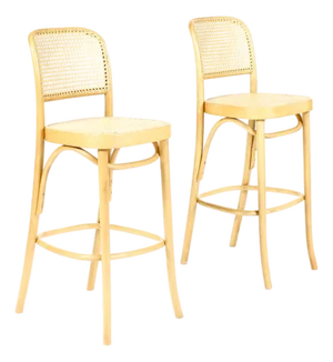 Mid Century Vintage Attributed to Thonet Prague #811 Bar Stools — Bentwood + Cane — Pair