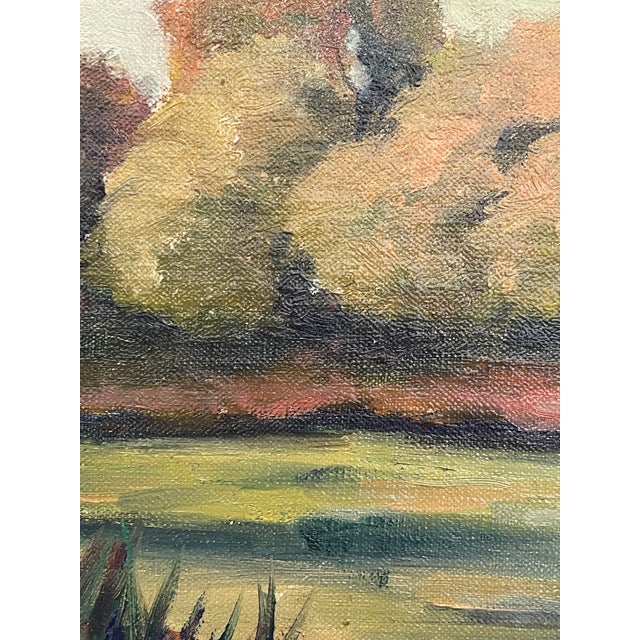 1970s Signed Landscape Painting of Pond With Autumn Trees in Wood Frame. For Sale - Image 9 of 10