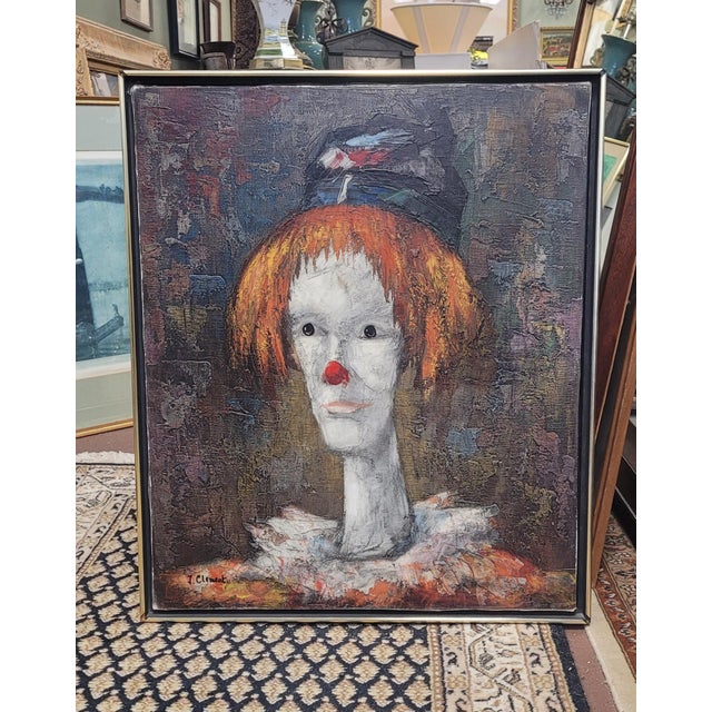 White Mid Century Modern Clown Painting Signed For Sale - Image 8 of 8