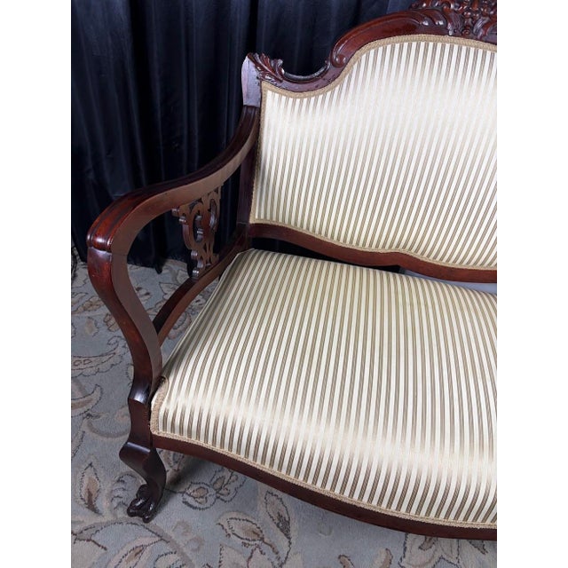 Late 19th Century Victorian Carved Mahogany Settee in Shimmering Cream & Gold Ball and Claw Feet For Sale - Image 4 of 13