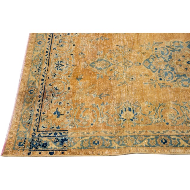 1960s Vintage Persian Distressed Handmade Floral Tan Wool Rug For Sale - Image 4 of 7