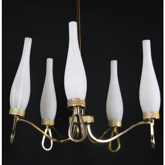 Mid-Century Modern Maison Arlus, Brass and White Opaline Chandelier Mid-Century France For Sale - Image 3 of 9
