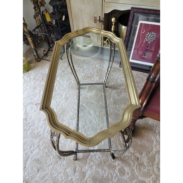 Hollywood Regency Brass, Glass and Wrought Iron Butler Tray Table For Sale In West Palm - Image 6 of 9