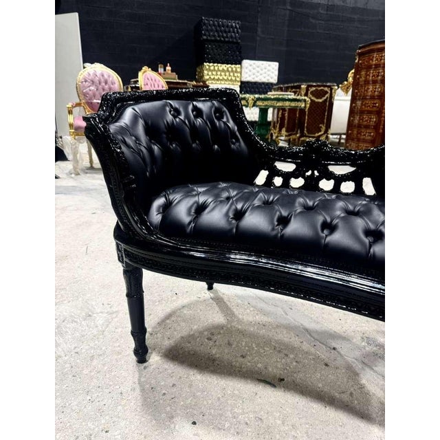 Rococo Tufted Black Leather Bench For Sale In Miami - Image 6 of 7