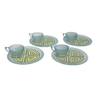 Mid 20th Century Art Deco Blue & Green Fused Glass Luncheon Set Service for Four- 8 Pieces For Sale