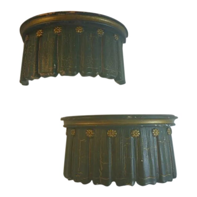 Pair Late 20th Century Transitional Wall Shelf Brackets Painted Green Gold Crackle For Sale