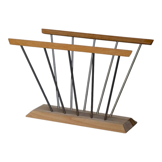 Mid 20th Century Hoigaard Danish Modern Magazine Rack Mid Century Wood & Metal Newspaper Holder For Sale
