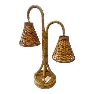 French Bamboo & Rattan Double Light Table Lamp For Sale
