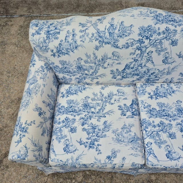 Baker Furniture Company Antique Blue & White Toile De Jouy Camel Back Loveseat Rolled Arms Pleated Skirt For Sale - Image 4 of 16