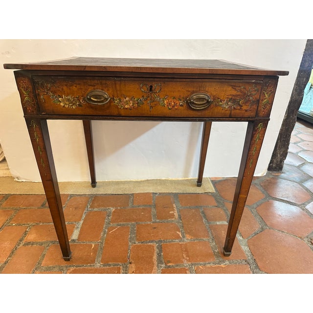 18th Century French Hand Painted Walnut & Leather Side Table For Sale - Image 4 of 14