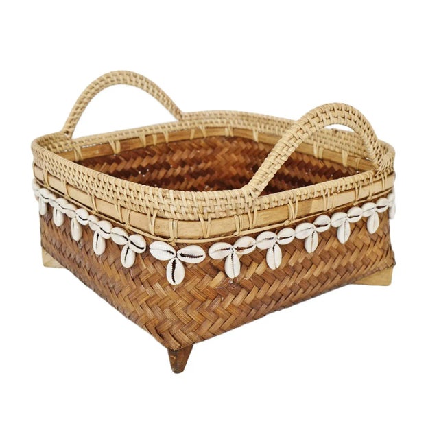 Wood Vintage Coastal Large Bamboo & Cowry Basket For Sale - Image 7 of 7