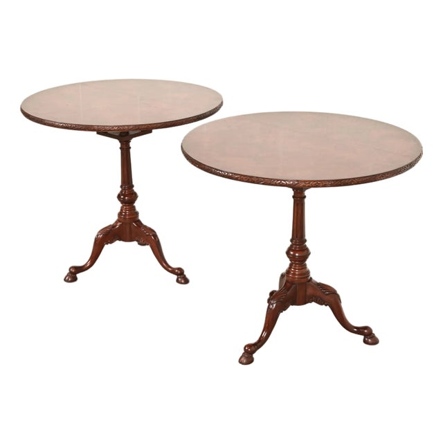 Smith & Watson Georgian Mahogany and Burl Wood Pedestal Tea Tables, Pair For Sale