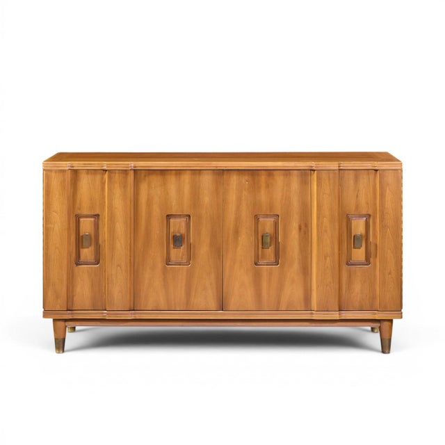 Mid-Century Modern John Widdicomb Mid Century Walnut and Brass Credenza With Hutch For Sale - Image 3 of 14