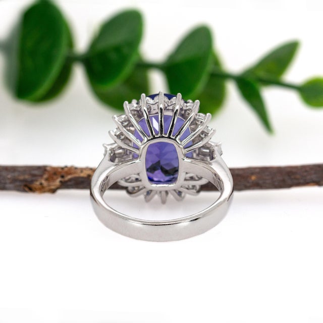 Metal Statement 13x10mm, 9cts Tanzanite Ring W Natural Diamond Halo in Solid 14k Gold, Size 6.75 For Sale - Image 7 of 8