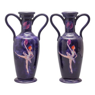 Pair of Large Ceramic Vases With Fan-Dancer Images For Sale