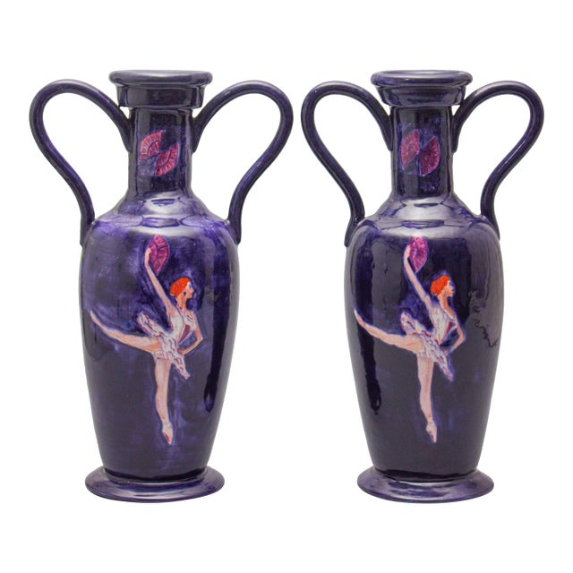 Pair of Large Ceramic Vases With Fan-Dancer Images For Sale