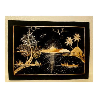 Vintage Rice Straw Art Sunset on Silk For Sale