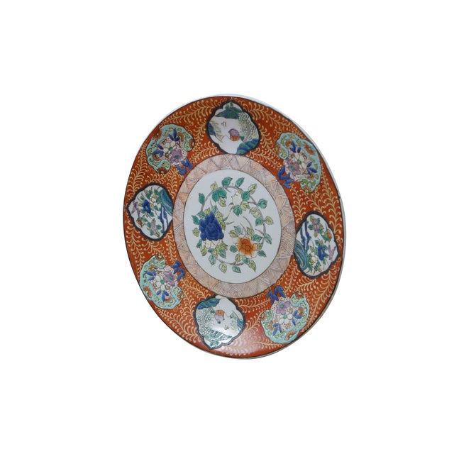 Antique Japanese Imari Moriage porcelain charger plate. It features a central floral motif surrounded by panels depicting...