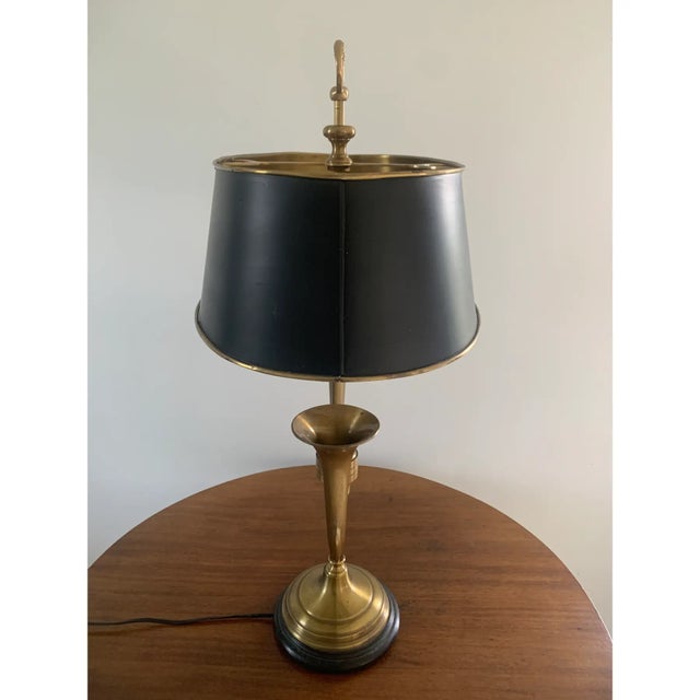 Mid 20th Century Mid-20th Century English Country Brass Horn Bouillotte Lamp With Black Tole Shade For Sale - Image 5 of 12