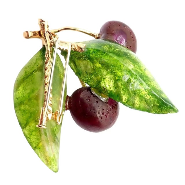 Vintage Tiffany & Co. France Diamond Plique a Jour Glass Cherries Gold Brooch For Sale - Image 9 of 11