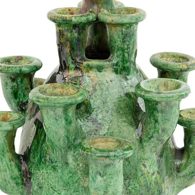 Handcrafted Tamegroute Green Glazed Ceramic Candle Holder Sculpture, Multi-Spout Moroccan Art, One-of-a-Kind For Sale - Image 4 of 8
