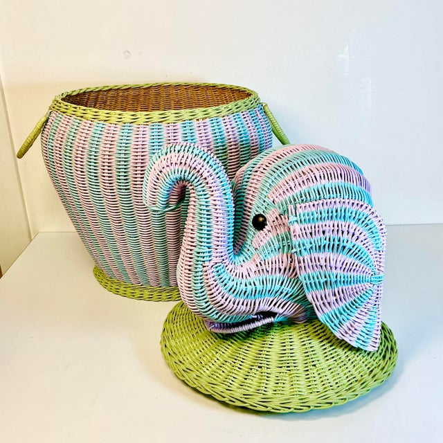 1997 Vintage Boho Chic Coastal Cabana Striped Wicker Elephant Basket Hamper, Signed Jen Lee For Sale - Image 6 of 17