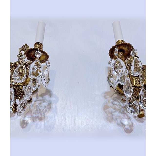 Metal Pair of 1920s Bronze Double Arm Sconces With Crystals Prisms For Sale - Image 7 of 11