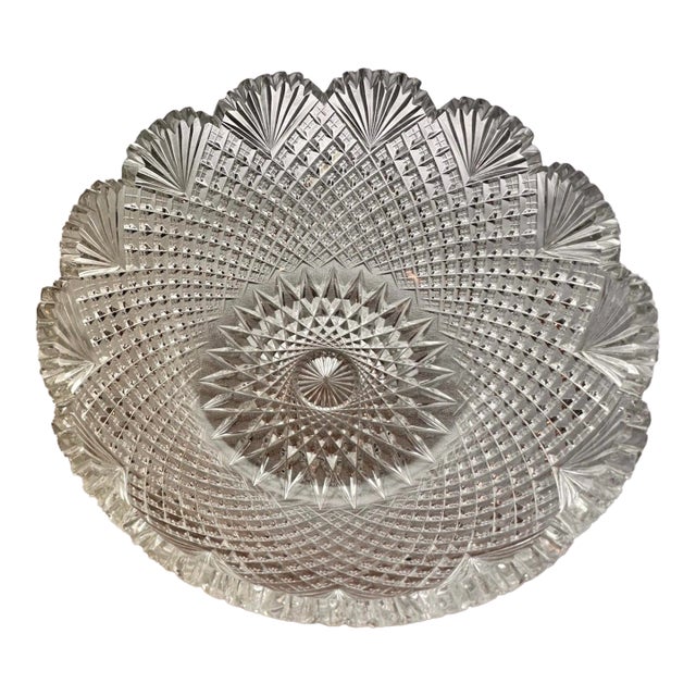Antique Crystal Serving Bowl American Brilliant Period Early 20th Century Strawberry Diamond Fan For Sale