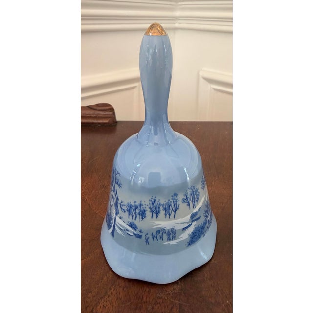 Blue Vintage Currier & Ives “Home in the Wilderness” Blue & White Porcelain Bell With Gold Accents For Sale - Image 8 of 11