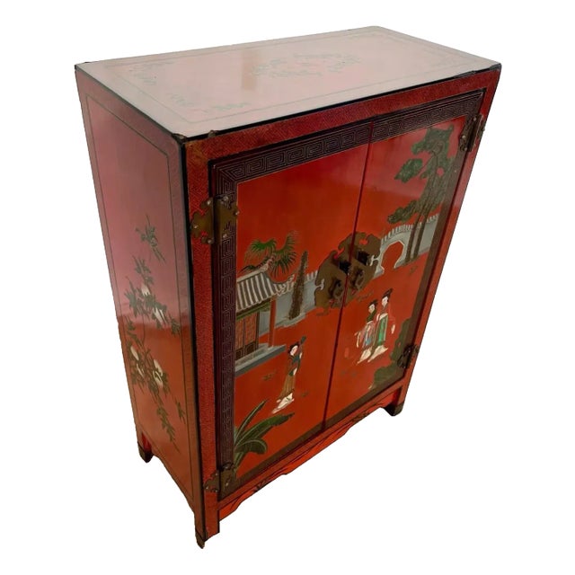 1950s Mid Century Chinese Console Cabinet Double Doors Interior Shelf Hand Painted For Sale