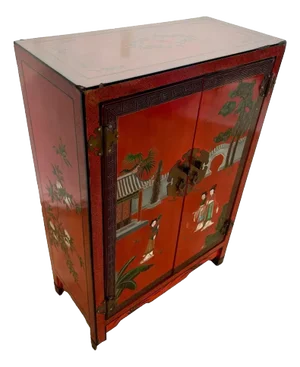 1950s Mid Century Chinese Console Cabinet Double Doors Interior Shelf Hand Painted