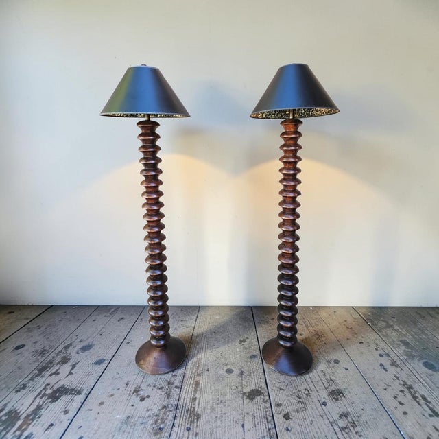 Arts & Crafts Sculptural Turned Wood Floor Lamps – Vintage Tyndale Chicago Pair, Monumental All-Wood For Sale - Image 3 of 6