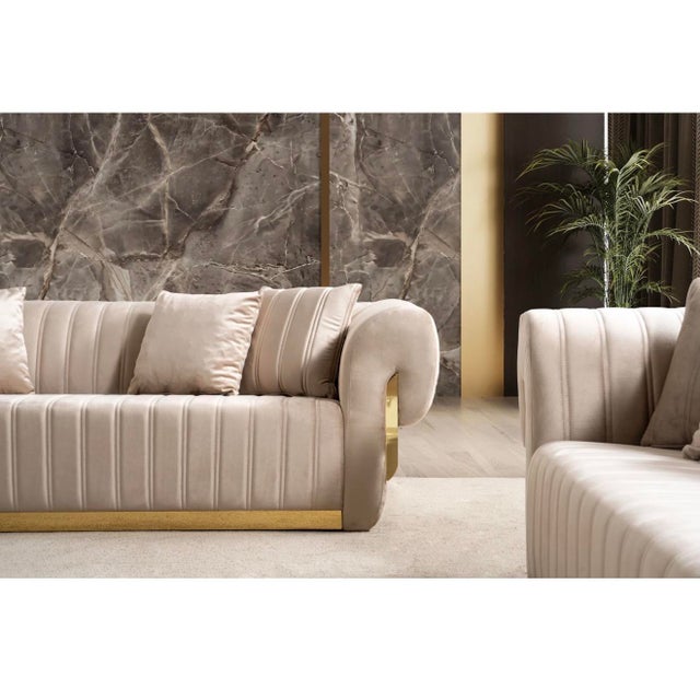 Beige New Luna 3–Piece Channel Tufted Gold Accent Luxury Sofa Set - Sofa , Loveseat & Chair For Sale - Image 8 of 18
