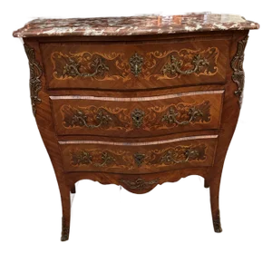 Antique Marquetry Inlaid Louis XV Marble Top Commode