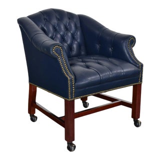 Blue Leather Rolling Captain’s Chair Campaign Chippendale Style For Sale
