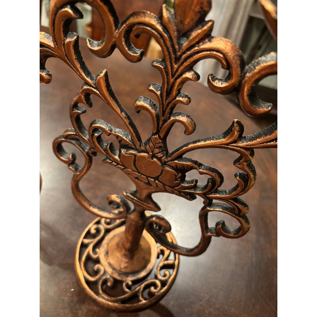 Copper A Pair Vintage Spanish Revival Baroque Rococo Revival C. 1960's Copper and Cast Metal Candlesticks With Antiqued Copper Finish, European Revival Style For Sale - Image 8 of 9