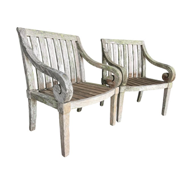 Coastal Vintage Weathered Hardwood Scroll Arm Garden Chairs With Natural Patina, a Pair For Sale - Image 3 of 12