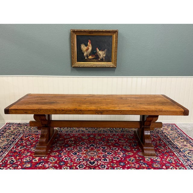 French Country Antique French Country Farm Dining Table Farmhouse Trestle Base Honey Oak For Sale - Image 3 of 17